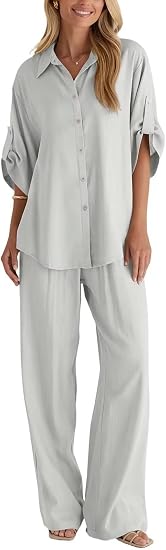 Cotton Button Up Shirt & Wide Leg Pants Set