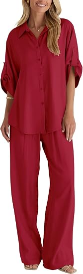 Cotton Button Up Shirt & Wide Leg Pants Set
