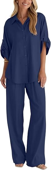 Cotton Button Up Shirt & Wide Leg Pants Set