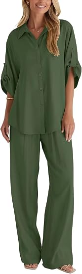 Cotton Button Up Shirt & Wide Leg Pants Set