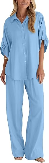 Cotton Button Up Shirt & Wide Leg Pants Set