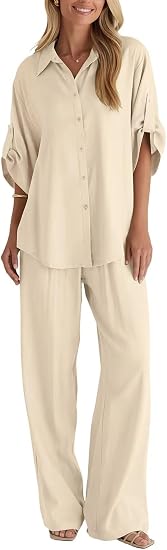 Cotton Button Up Shirt & Wide Leg Pants Set