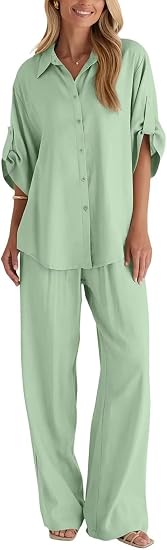 Cotton Button Up Shirt & Wide Leg Pants Set