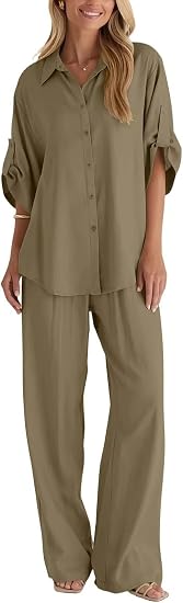 Cotton Button Up Shirt & Wide Leg Pants Set