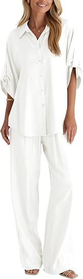 Cotton Button Up Shirt & Wide Leg Pants Set