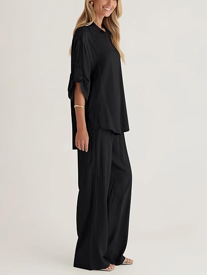 Cotton Button Up Shirt & Wide Leg Pants Set