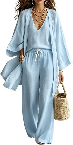 3-Piece Linen Cardigan Vacation Set