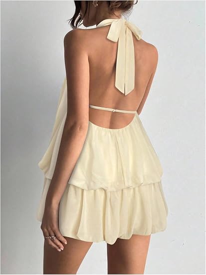 Backless Ruffle Bubble Hem Halter Mini Dress