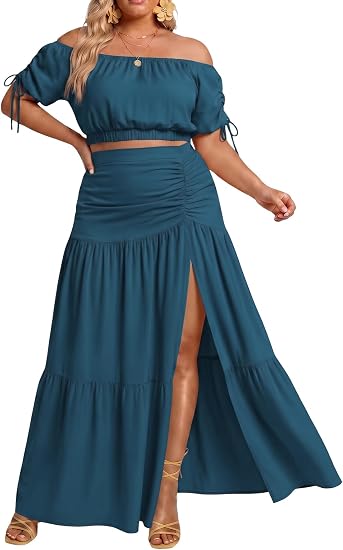 Plus Size Off Shoulder Top & Maxi Skirt Set