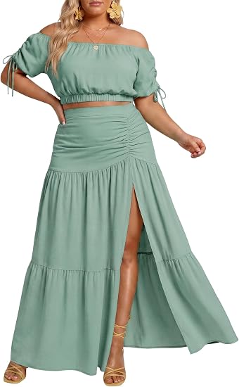 Plus Size Off Shoulder Top & Maxi Skirt Set
