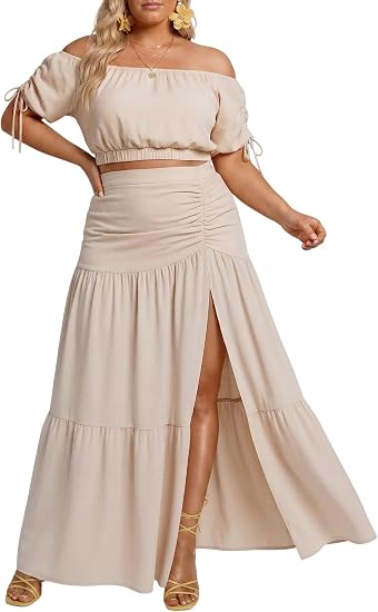 Plus Size Off Shoulder Top & Maxi Skirt Set
