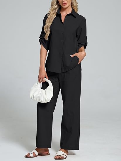 Cotton Button Up Shirt & Wide Leg Pants Set