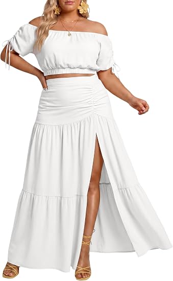 Plus Size Off Shoulder Top & Maxi Skirt Set