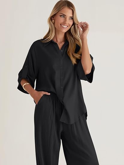 Cotton Button Up Shirt & Wide Leg Pants Set
