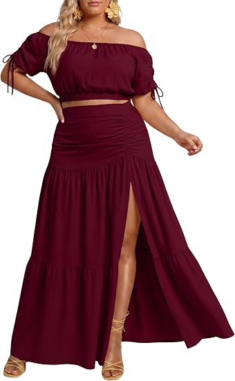 Plus Size Off Shoulder Top & Maxi Skirt Set