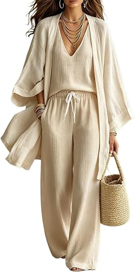 3-Piece Linen Cardigan Vacation Set