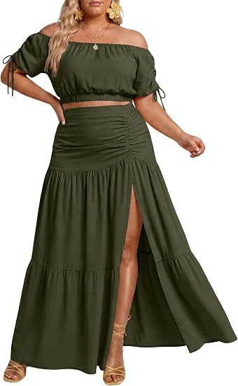 Plus Size Off Shoulder Top & Maxi Skirt Set