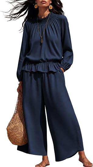 Ruffled Blouse & Wide Leg Pants Set