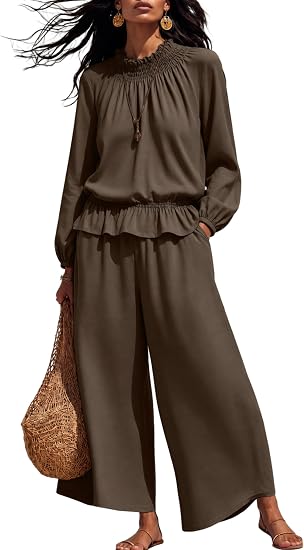 Ruffled Blouse & Wide Leg Pants Set
