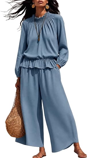 Ruffled Blouse & Wide Leg Pants Set