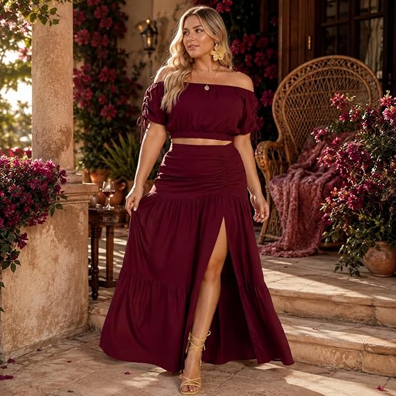 Plus Size Off Shoulder Top & Maxi Skirt Set