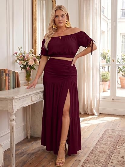 Plus Size Off Shoulder Top & Maxi Skirt Set
