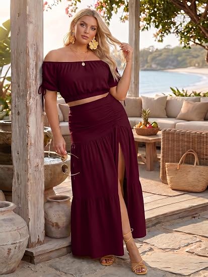 Plus Size Off Shoulder Top & Maxi Skirt Set
