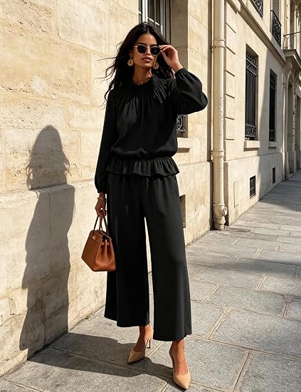 Ruffled Blouse & Wide Leg Pants Set
