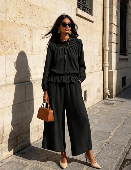 Ruffled Blouse & Wide Leg Pants Set