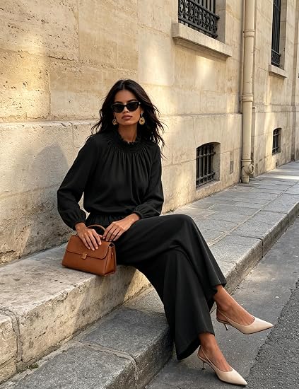 Ruffled Blouse & Wide Leg Pants Set