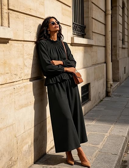 Ruffled Blouse & Wide Leg Pants Set