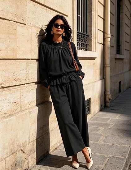 Ruffled Blouse & Wide Leg Pants Set