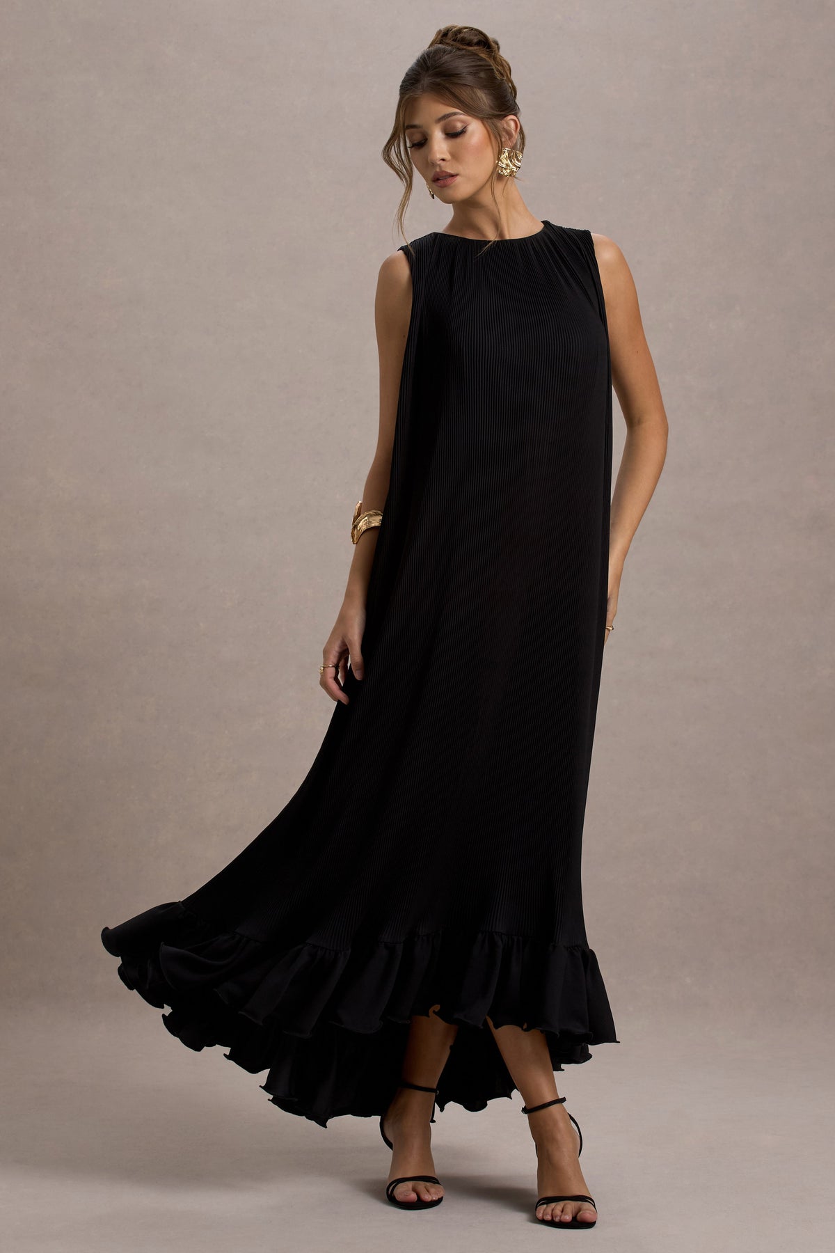 Hazelle | Black Chiffon A-Line Ruffled Maxi Dress