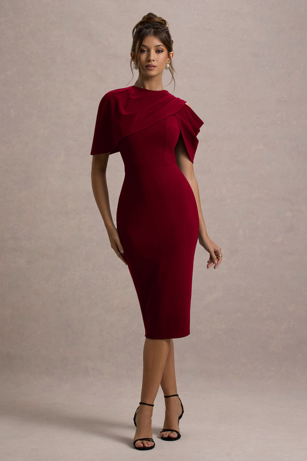 Dorothea | Berry Draped Midi Dress With Cape