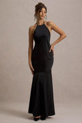 Frida | Black Satin Halter-Neck Backless Maxi Dress