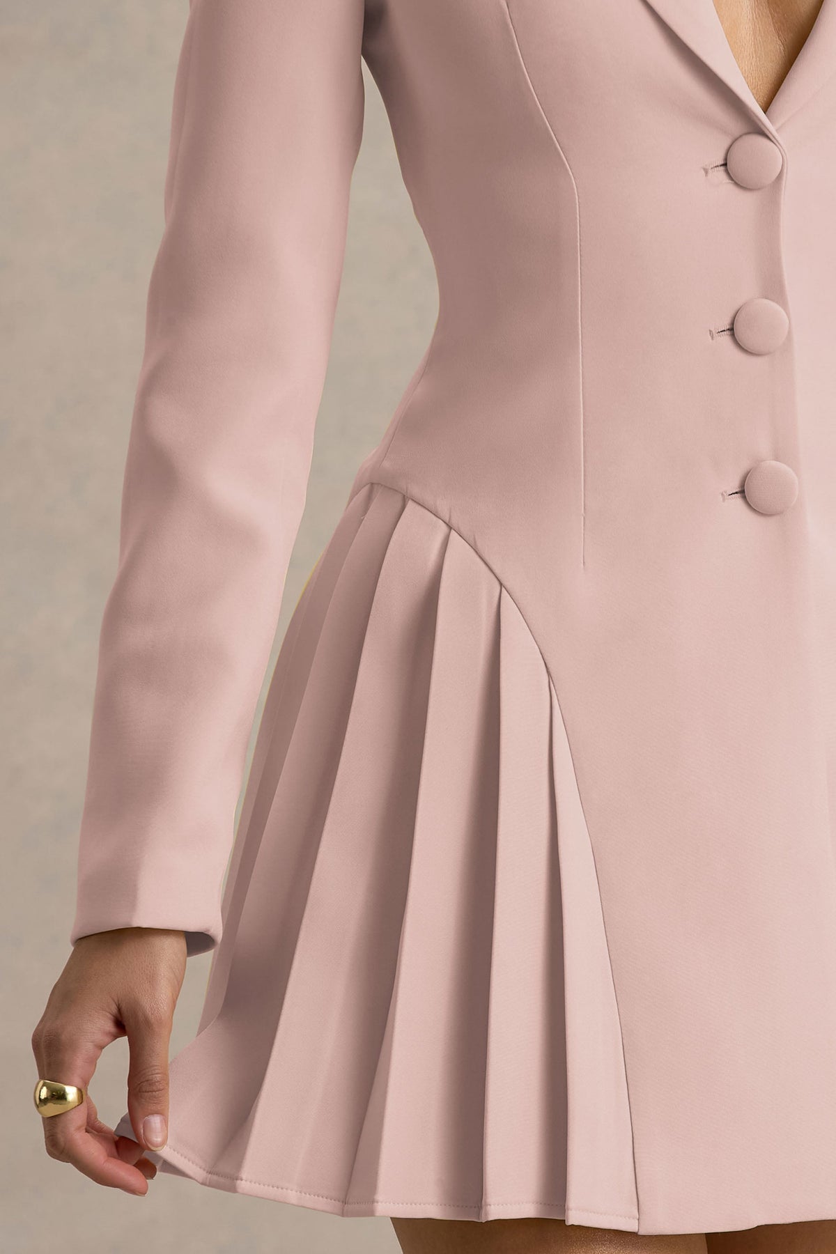 Blossoming | Baby Pink Plunge-Neck Tailored Mini Dress With Pleating