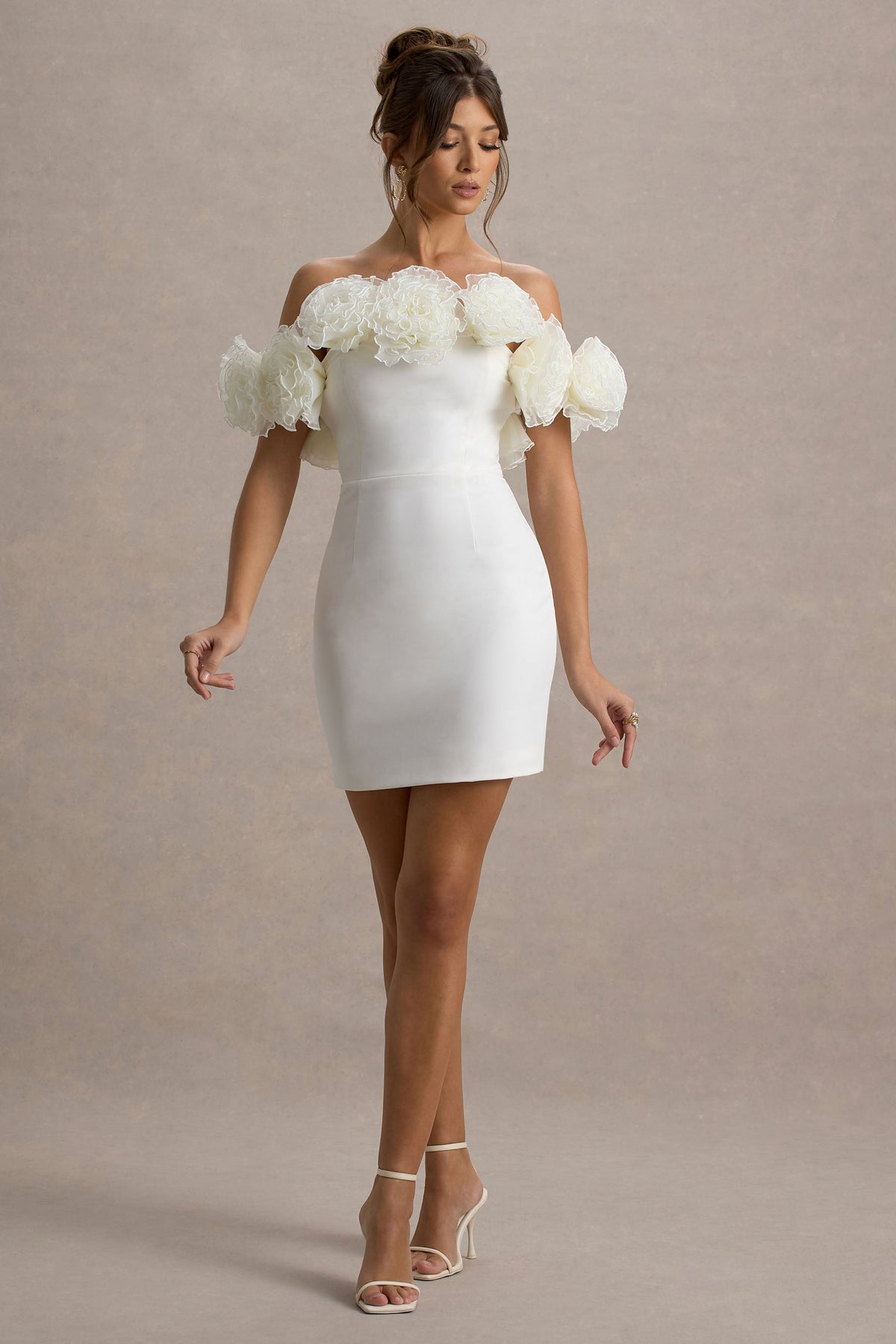 Von | White Bardot Mini Dress With Ruffle Trim